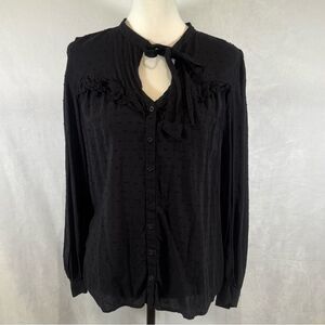 Black long sleeve pussybow clip dot button down top size medium